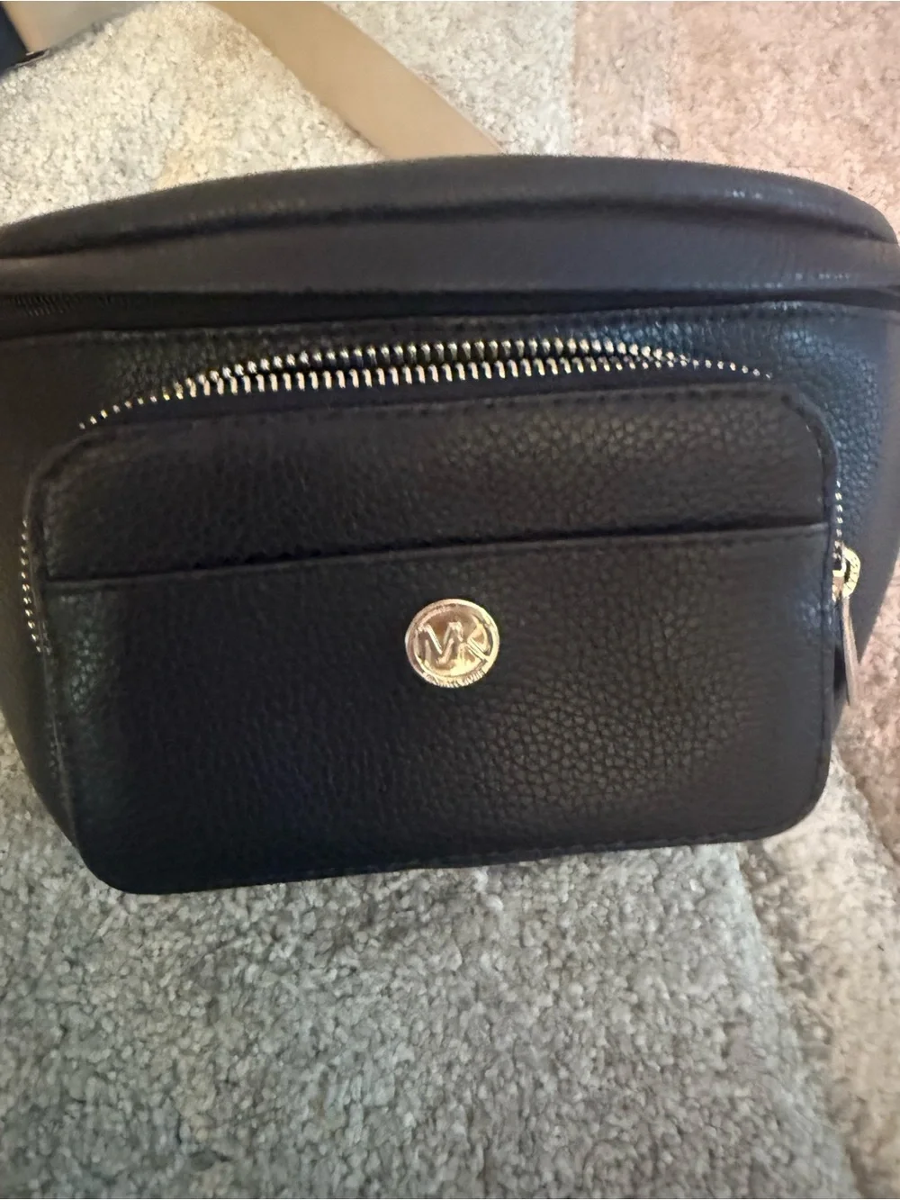Michael Kors Black Pebbled Leather Belt Bag with Beige Strap